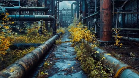 a large industrial area with pipes and plants in the foreground