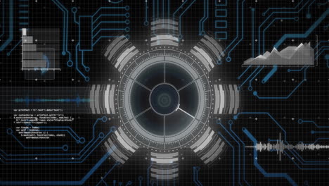 animación de la placa madre y el escáner circular procesando datos en la interfaz con fondo negro