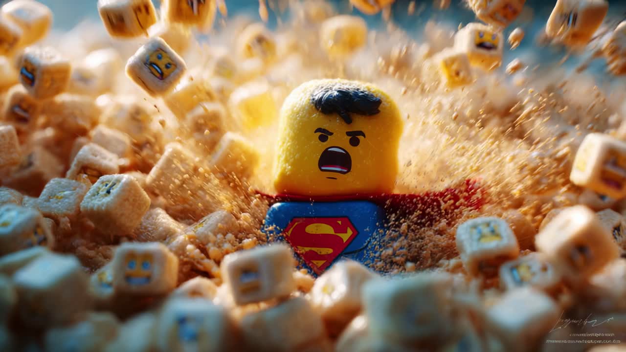A vibrant and playful scene featuring a superhero figurine amid a chaotic explosion of cereal, with colorful pieces flying in different directions, showcasing action and fun