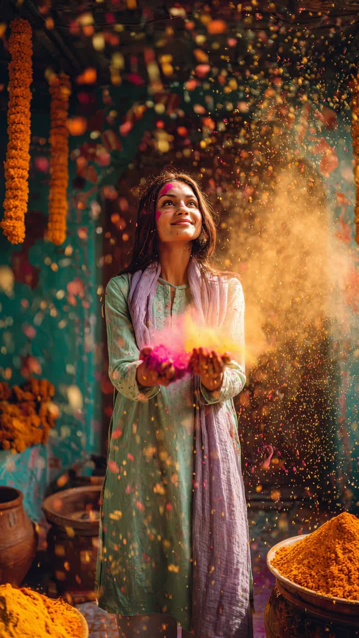 Giovane donna felice che festeggia Holi con polvere colorata