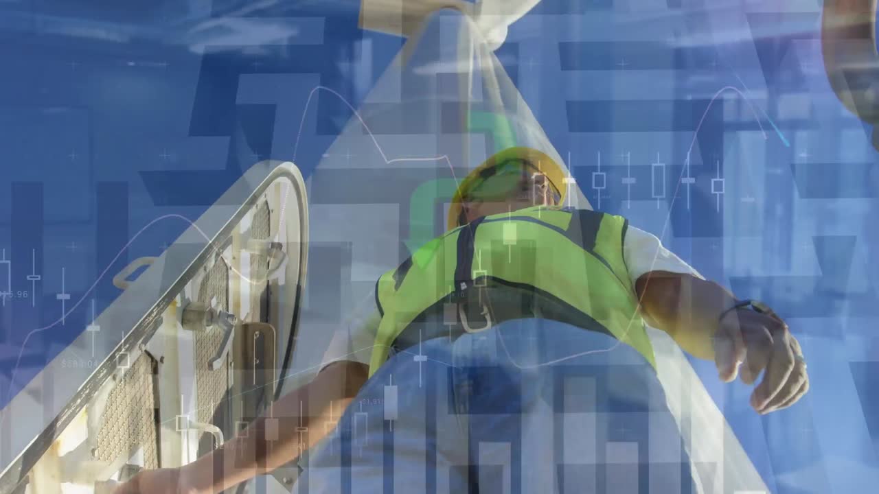 animación de gráficos sobre un trabajador caucásico de pie en las puertas de una turbina eólica