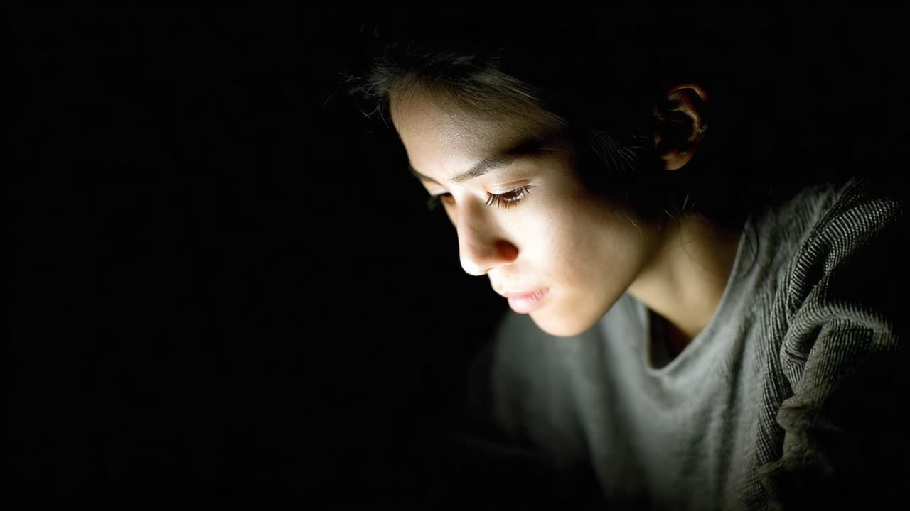 A Focused Portrait Captured in Low Light: A Young Individual Deep in Thought, Illuminated by a Soft Glow, Reflecting Introspection and Contemplation in a Dark Setting