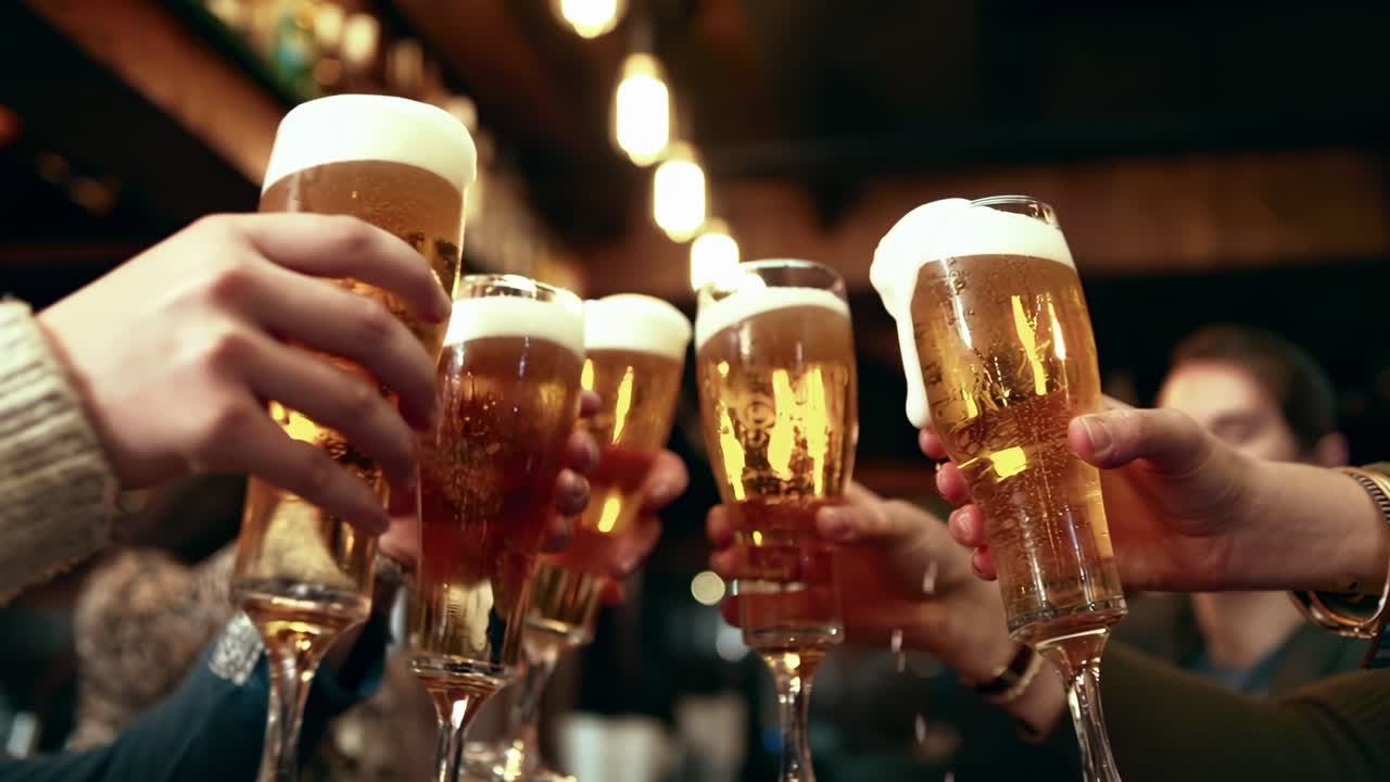 Video ravvicinato con angolazione della camera di amici che brindano con bicchieri di birra in un vivace bar
