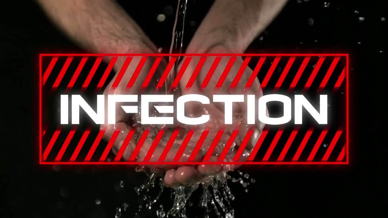 빨간색 프레임으로 쓰여진 감염이라는 단어와 검은색 배경에 손을  ⁇ 는 사람의 애니메이션.