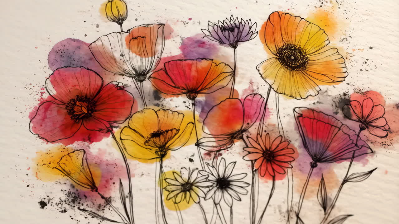 Vibrant Watercolor Poppies and Floral Line Art