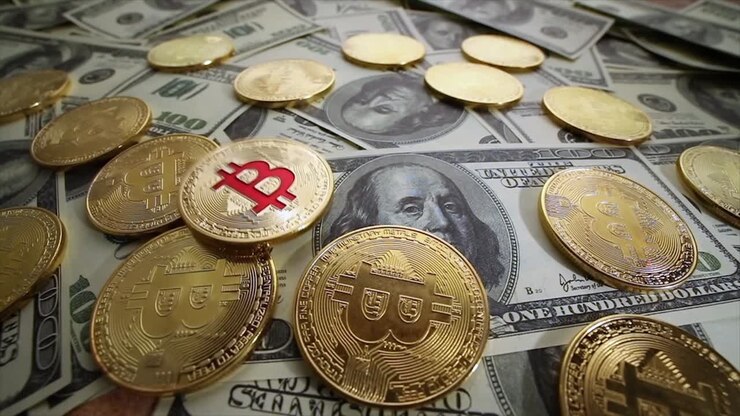 Monete d'oro Bitcoin BTC e banconote in dollari