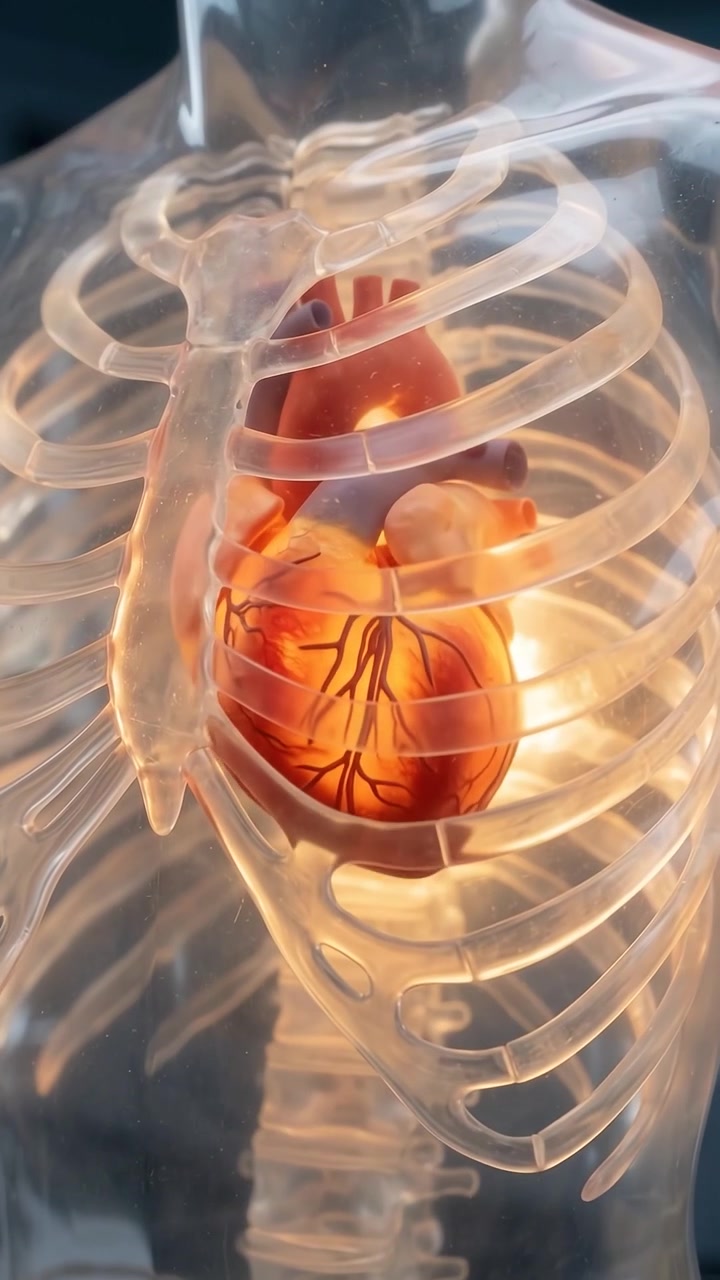 Modello anatomico di cuore umano pulsante in un torso trasparente