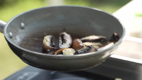 mushrooms being sautéed in a pan on an induction cooktop outdoors