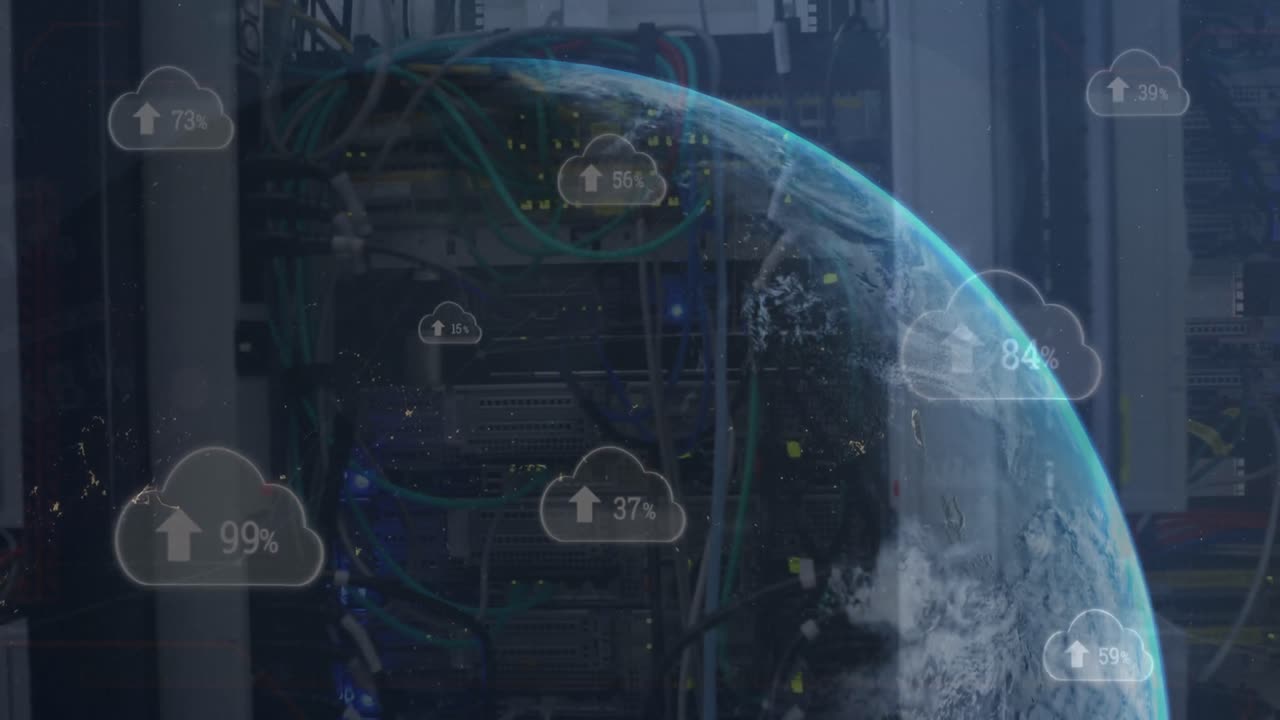 Animation of clouds with changing numbers, arrows and globe over back panel of server rack