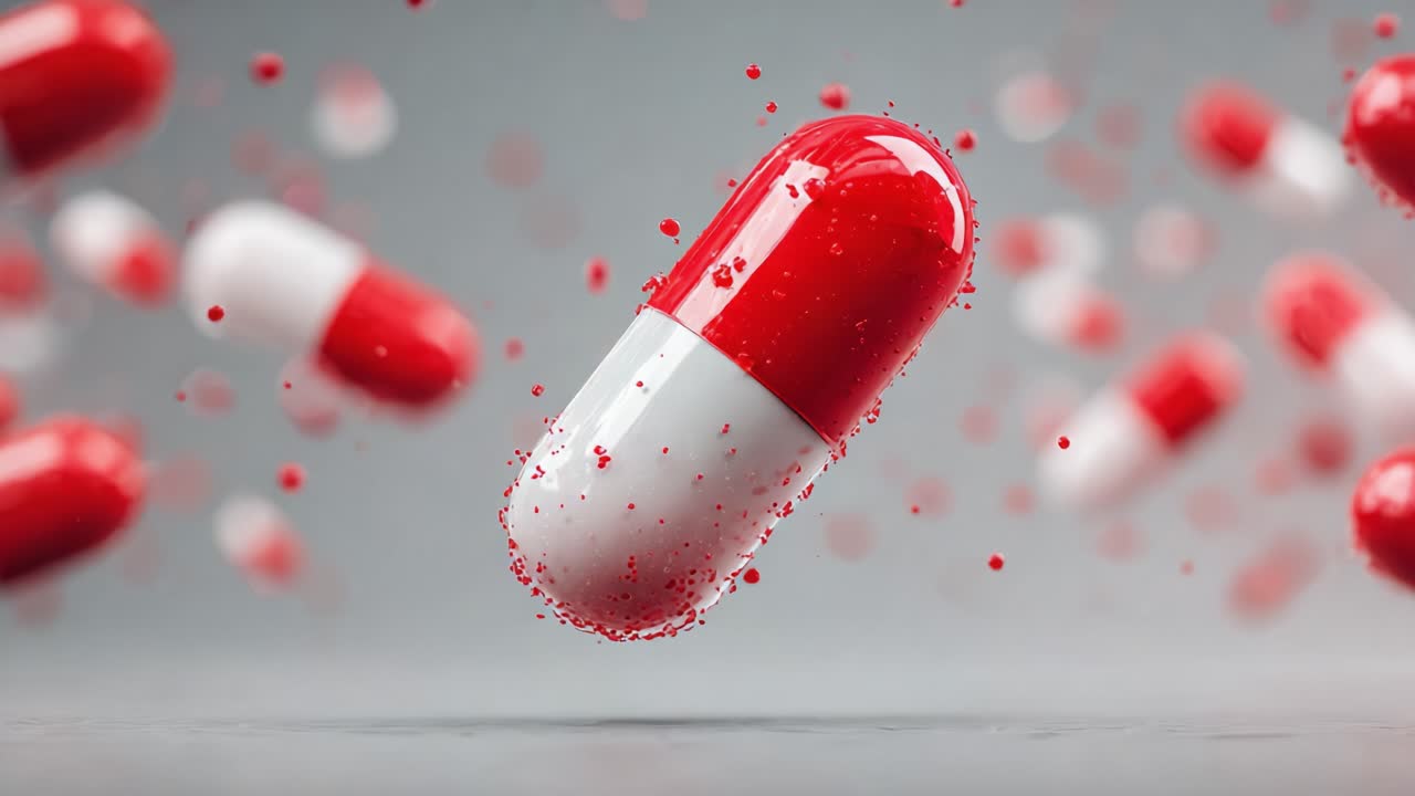 A Vibrant Display of Red and White Capsules Floating in Mid-Air, Capturing the Essence of Medicine and Health, Illustrating the Importance of Pharmaceuticals in Modern Life