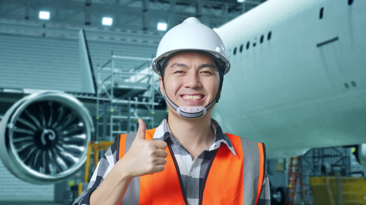안전 헬을 착용한 아시아 남성 엔지니어가 거에 있는 항공기와 함께 서서 웃고 엄지손가락을 높이 들고 항공기 유지보수 작업을 하는 동안 카메라에 제스처를 하고 있다.