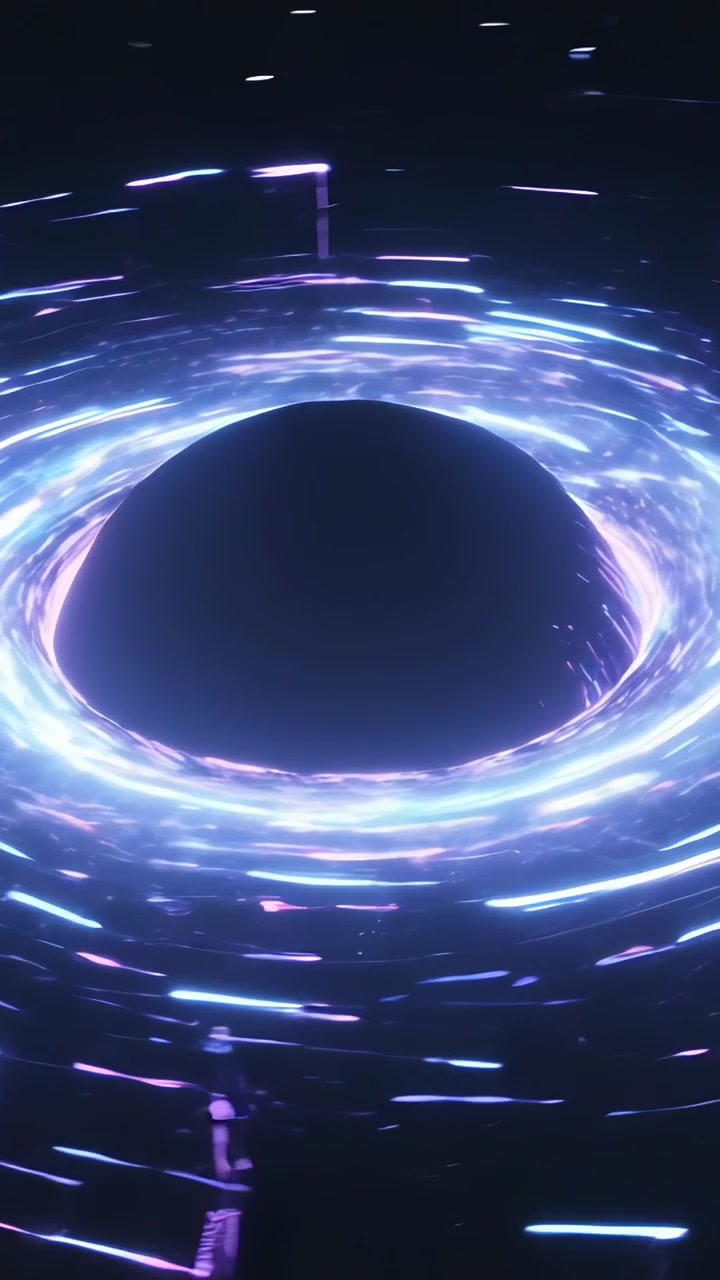 Vertical video: Pulsing neon ring initiating streaks, fragments cascading toward central dark void