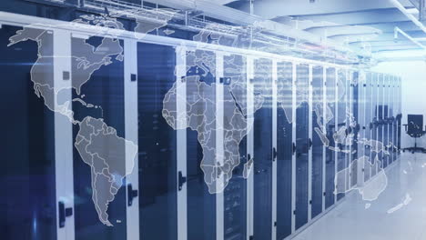 world map animation over data center servers in modern facility