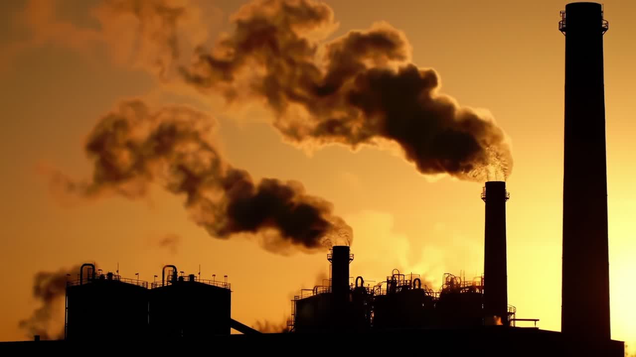 A Breathtaking Contrast of Industrial Structures Against a Golden Sunset, Highlighting the Emission of Smoke from Factories and the Silhouette of Tall Smokestacks