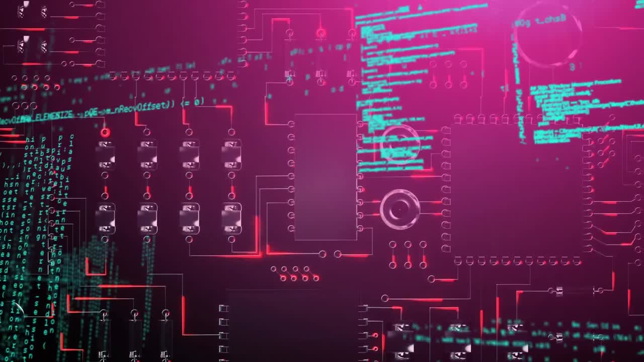 Animation of blue data processing over computer circuit board