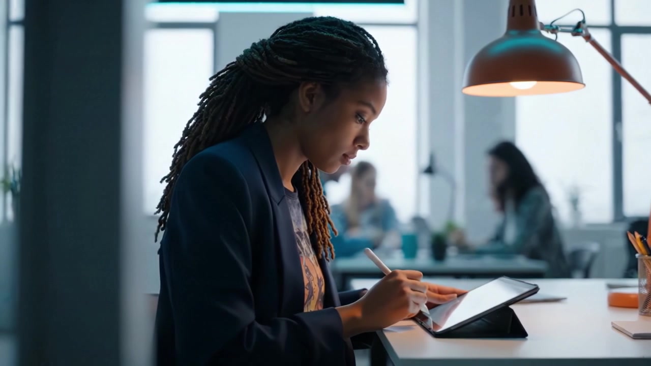 Focused Young Woman Engaged in Digital Note-Taking and Creative Design Work in a Modern Collaborative Workspace Using a Tablet for Enhanced Learning and Productivity.