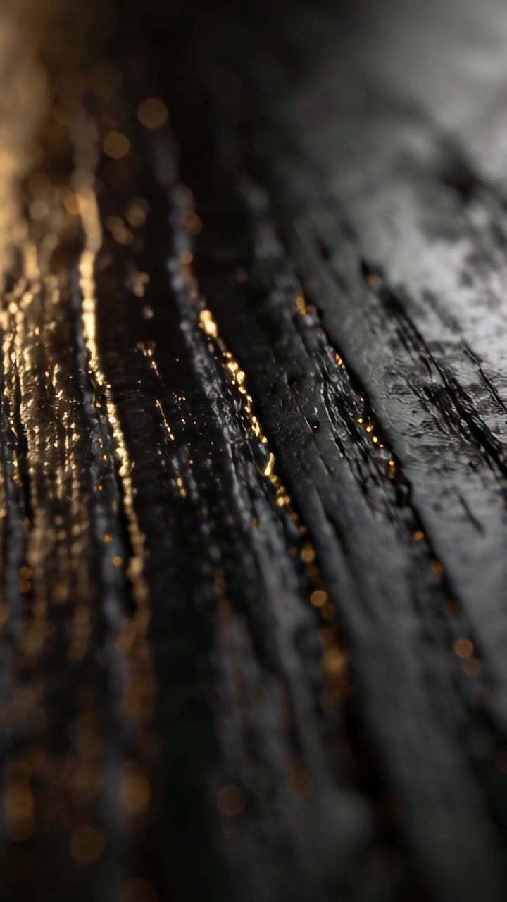 Vídeo vertical: Lente em movimento mostrando listras quentes ao longo de sulcos úmidos em tábua escura em macro, gotas.