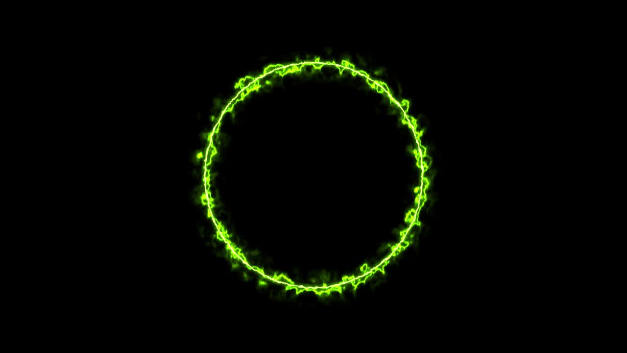 yellow ring of lightning, energy neon a black background. Abstract energy circle with lightning discharges. Gradually, a yellow ring appeared and a constant glow in the circle. 4k.