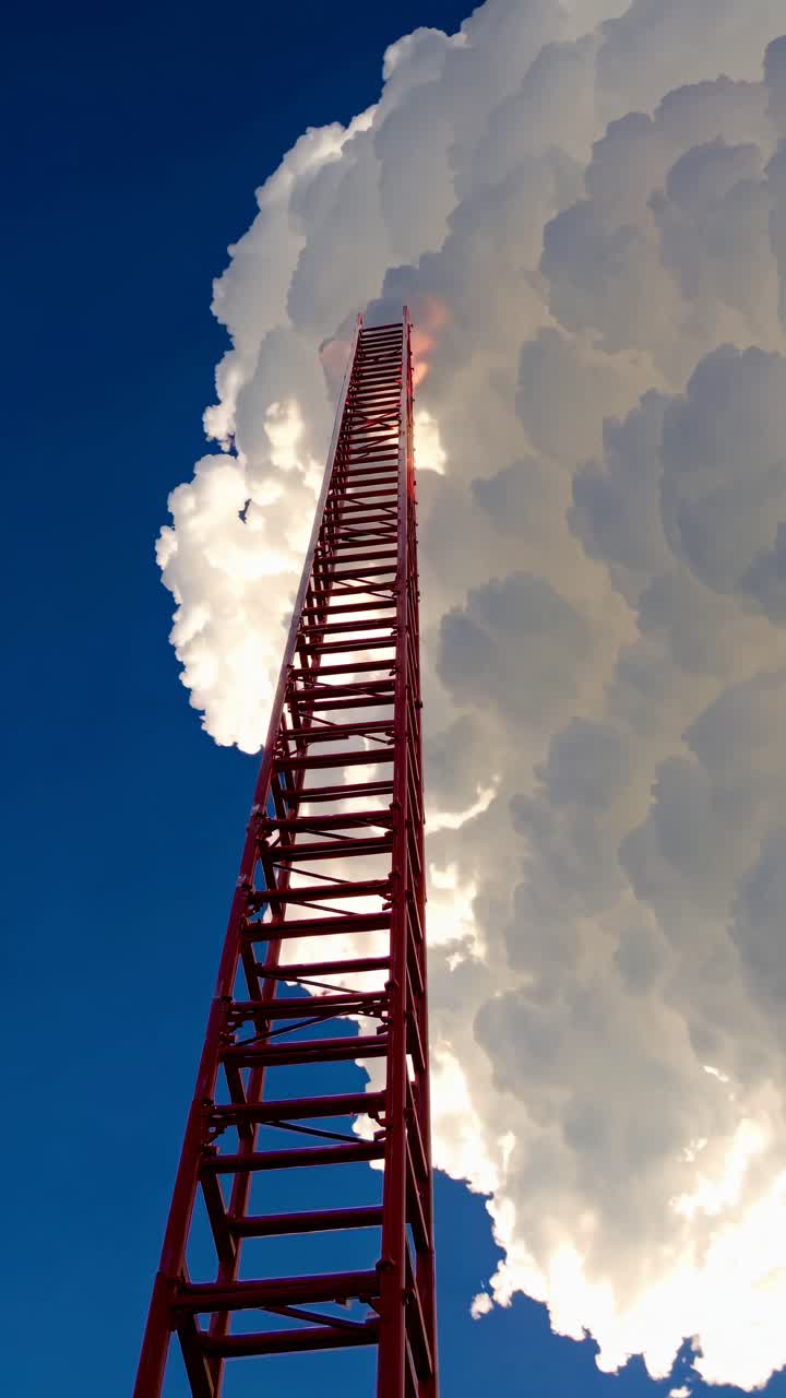Plano en ángulo bajo de una escalera roja que se extiende hacia nubes esponjosas, creando un concepto de vídeo surrealista