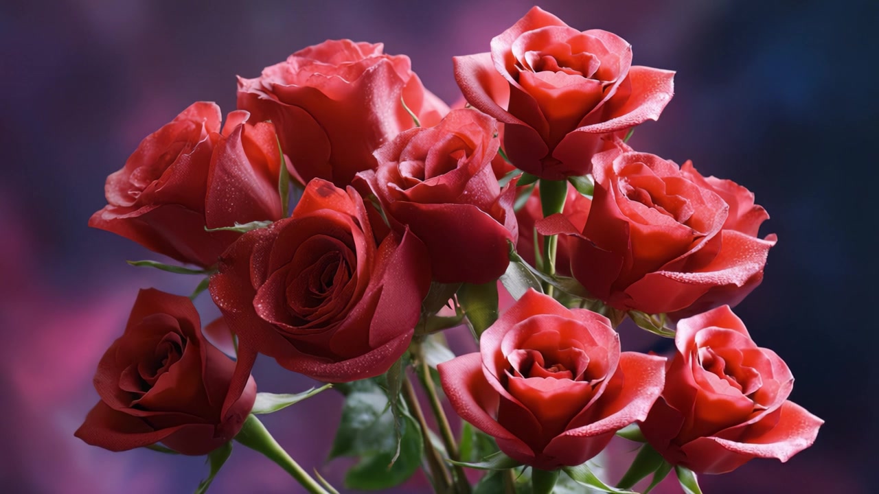 Uma exibição deslumbrante de rosas vermelhas em um fundo de sonho, mostrando sua beleza e elegância com gotas de orvalho cintilando nas pétalas.