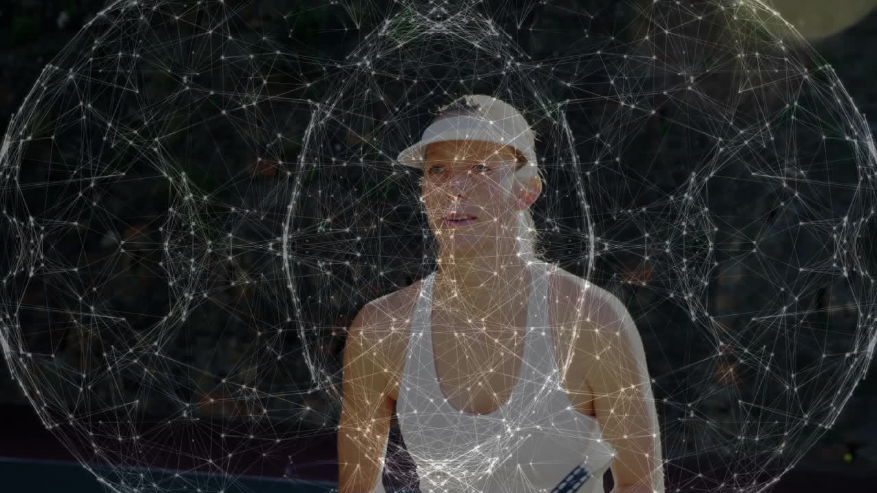 Woman swinging racket on tennis court, showcasing technology with digital network overlay
