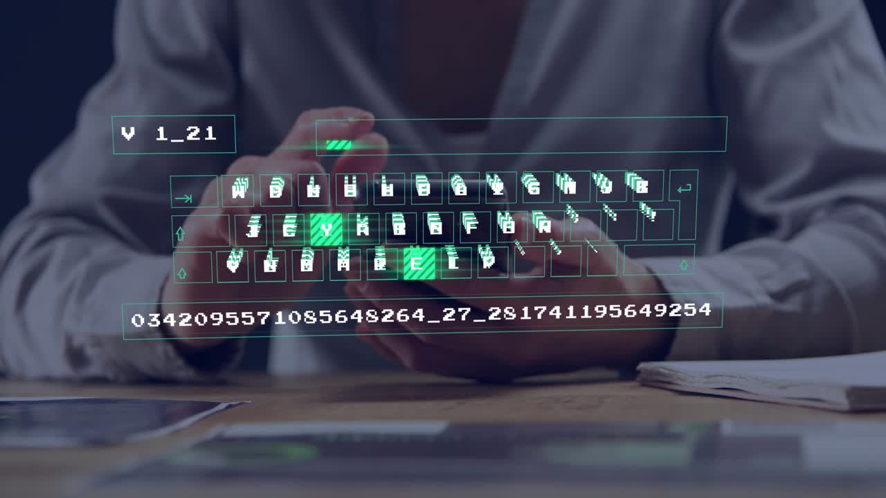 Forretningsmann trykker på telefon og verifiserer numerisk kode, AR-tastatur lyser, fremdrift V1_21 fylles