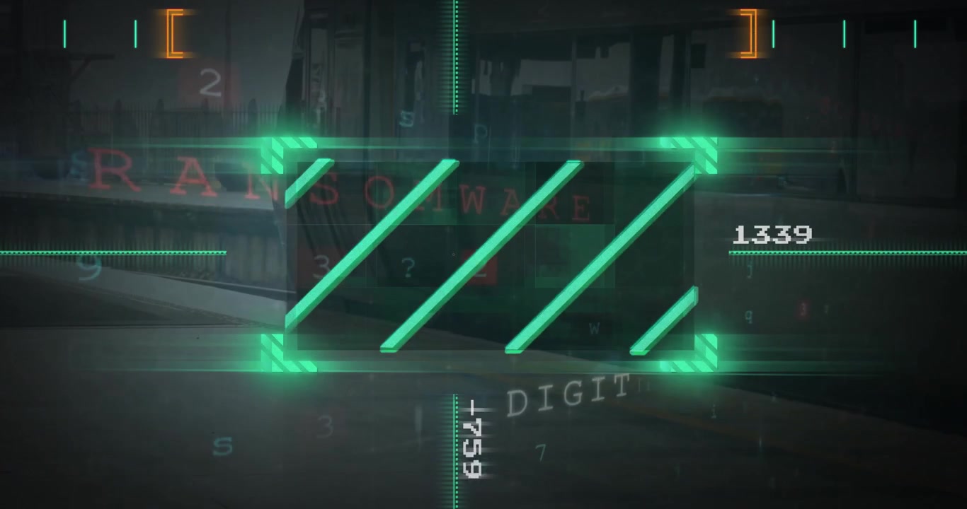 Animation of cyber attack text and data processing over city