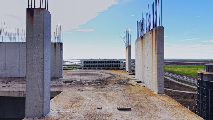 View of an unfinished building with exposed concrete and rebar