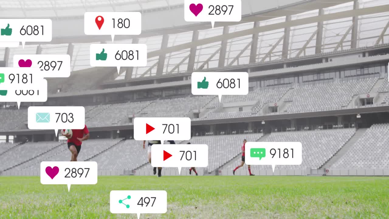 스타디움에서 뛰는 다양한 남성 럭비 선수들에 대한 미디어 아이콘의 애니메이션