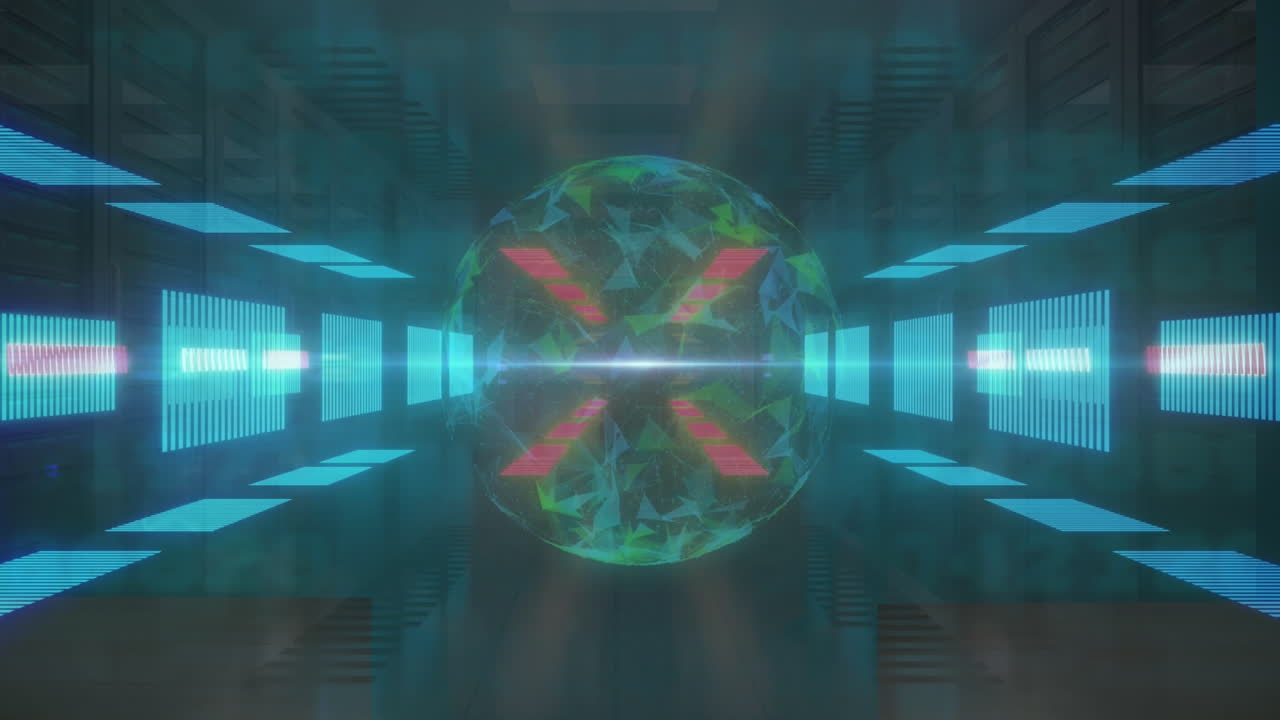 디지털 공간에서 움직이는 지구와 불빛의 애니메이션