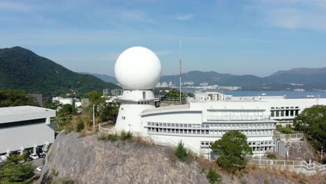 chinese university of hong kong radar dome overlooking hong kong bay, aerial view