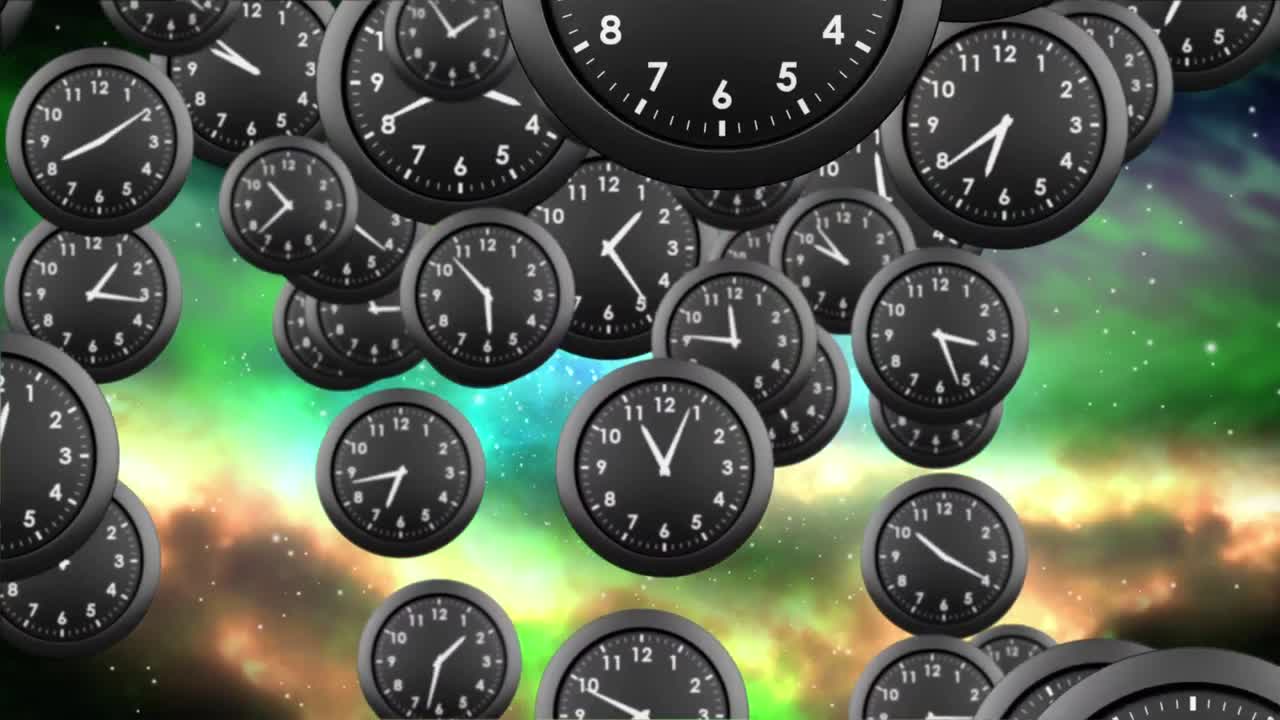 анимация нескольких часов над ярко окрашенными облаками