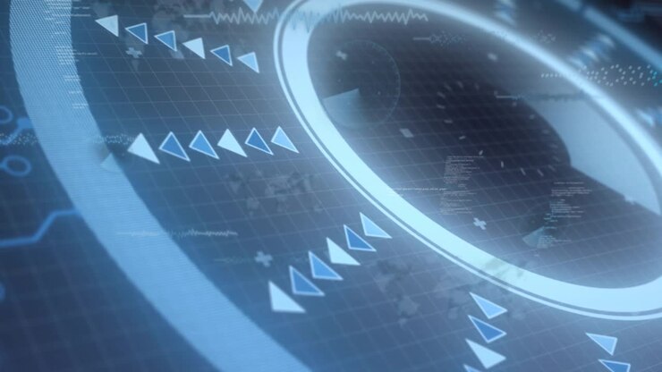 Camera gliding clockwise, illuminated ring rotating, revealing inner gauge with HUD elements fading