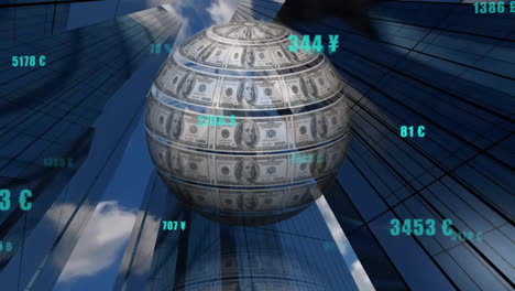 rotating globe of dollar bills with currency exchange rates over skyscrapers