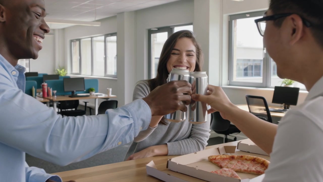 Tre colleghi in camicie casual brindano con lattine d'argento durante la pausa in ufficio, con una scatola di pizza, esultando.