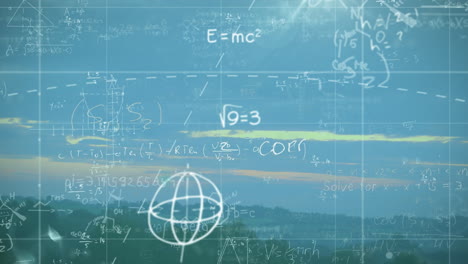 mathematical equations and formulas animation over landscape background