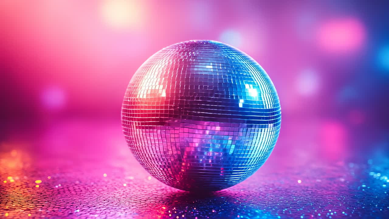 Shiny disco ball close-up. A disco ball shines with blue and pink neon lights reflecting on the surface. The sparkling sphere creates a retro party atmosphere