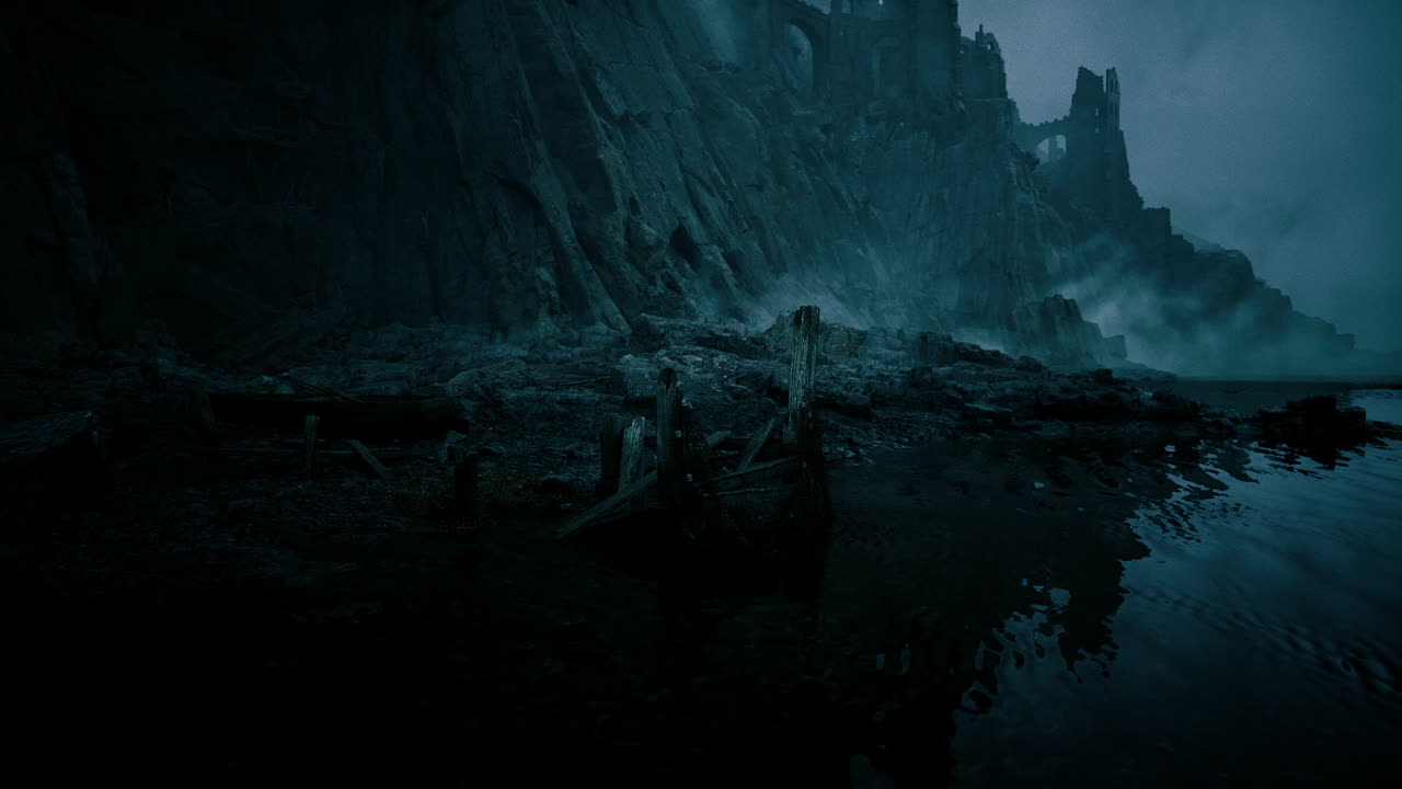 Dark and moody landscape with ancient ruins reflected in still water