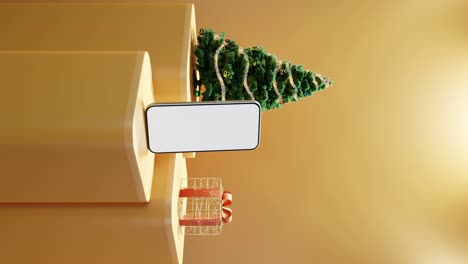 teléfono inteligente, árbol de navidad, y regalo envuelto en fondo amarillo vertical