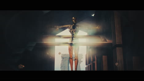 ancient robotic figure in a temple-like structure