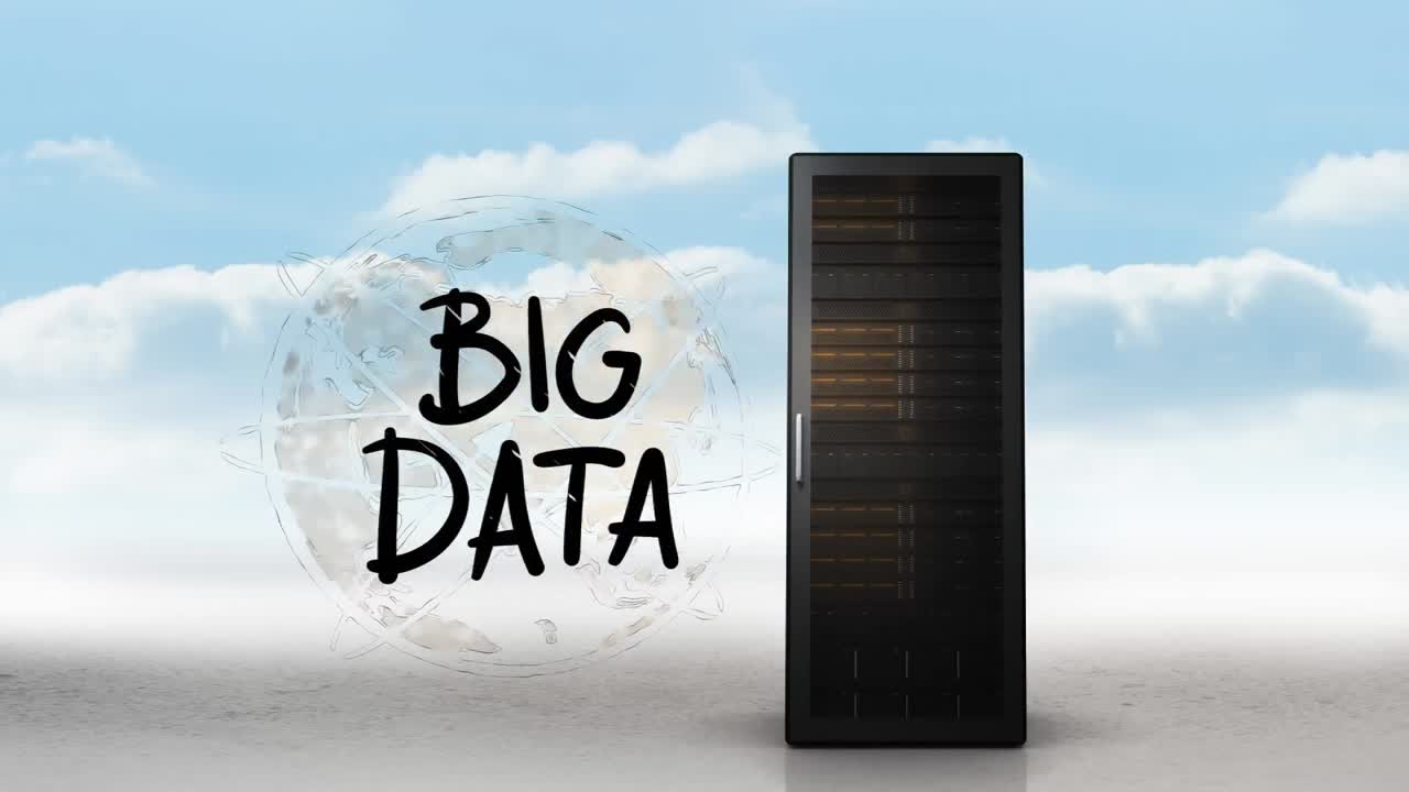 Animation of big data text, globe, cloud and computer server over clouds