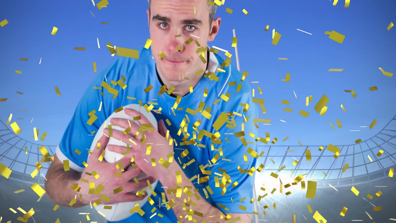 animación de confeti sobre un jugador de rugby caucásico con una pelota en el estadio