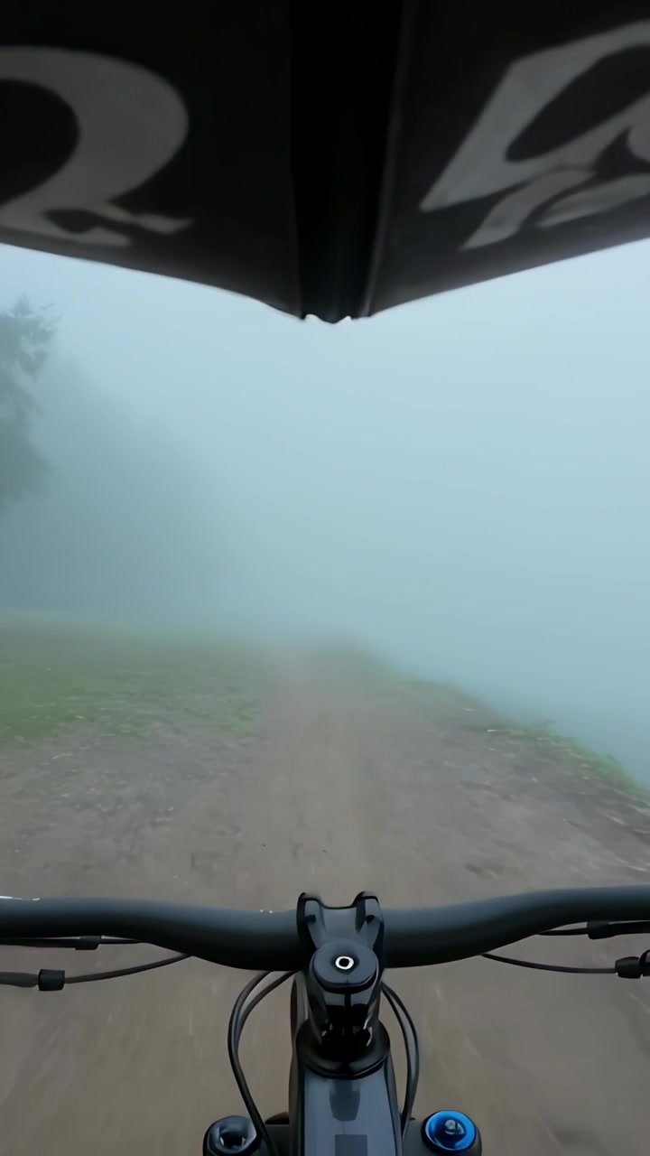 Video verticale: Nebbia che si infittisce, ciclista che pedala tenendo un ombrello e sterzando su una pista sterrata.