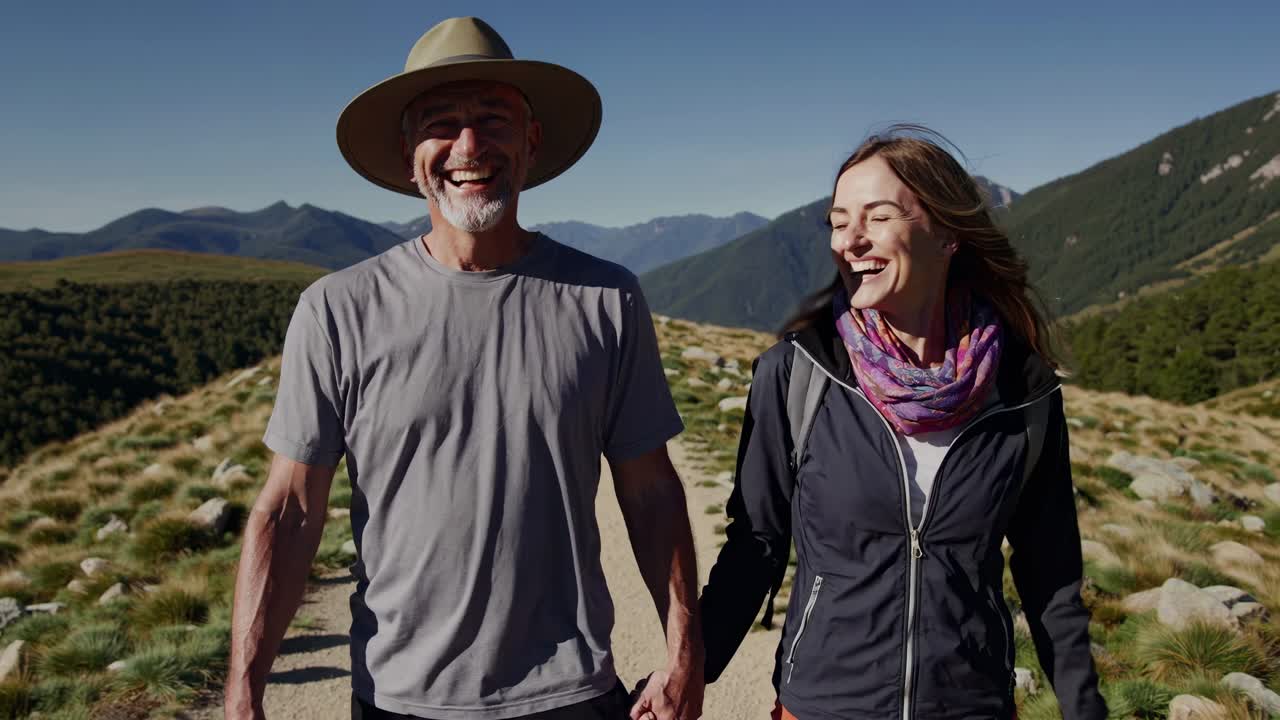Aerial video captures a joyful couple hiking on a mountain trail, smiling under a clear blue sky