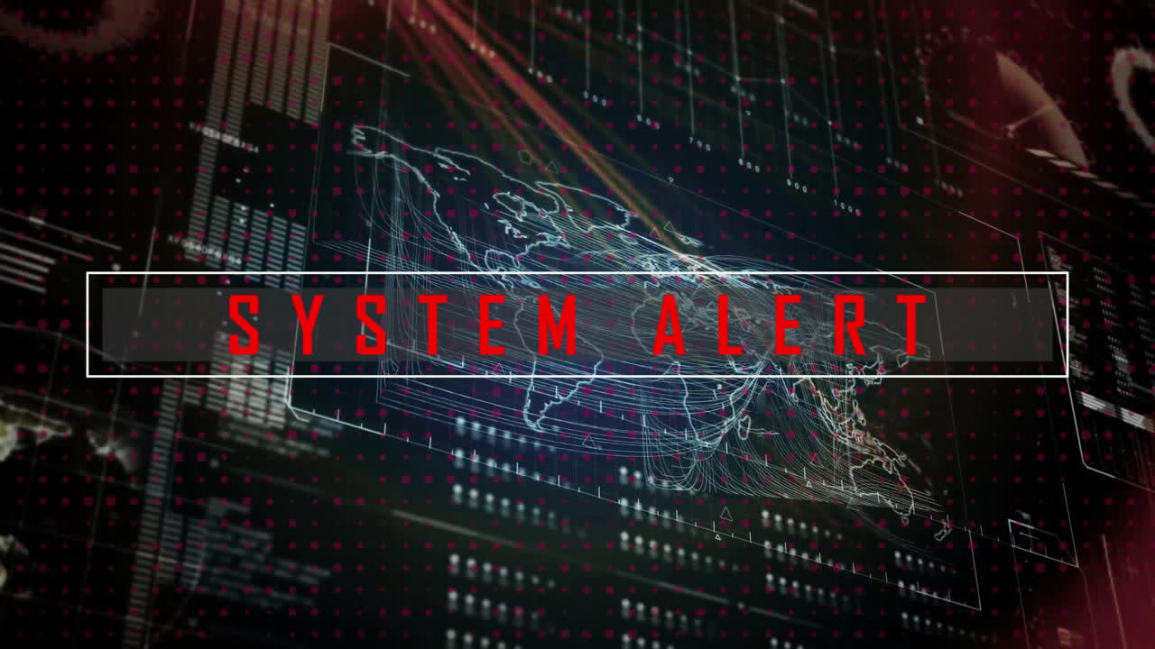 animación del procesamiento de datos y mapa del mundo sobre texto de alerta del sistema