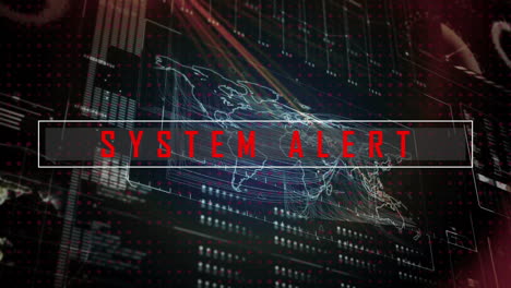 animation of data processing and world map over system alert text