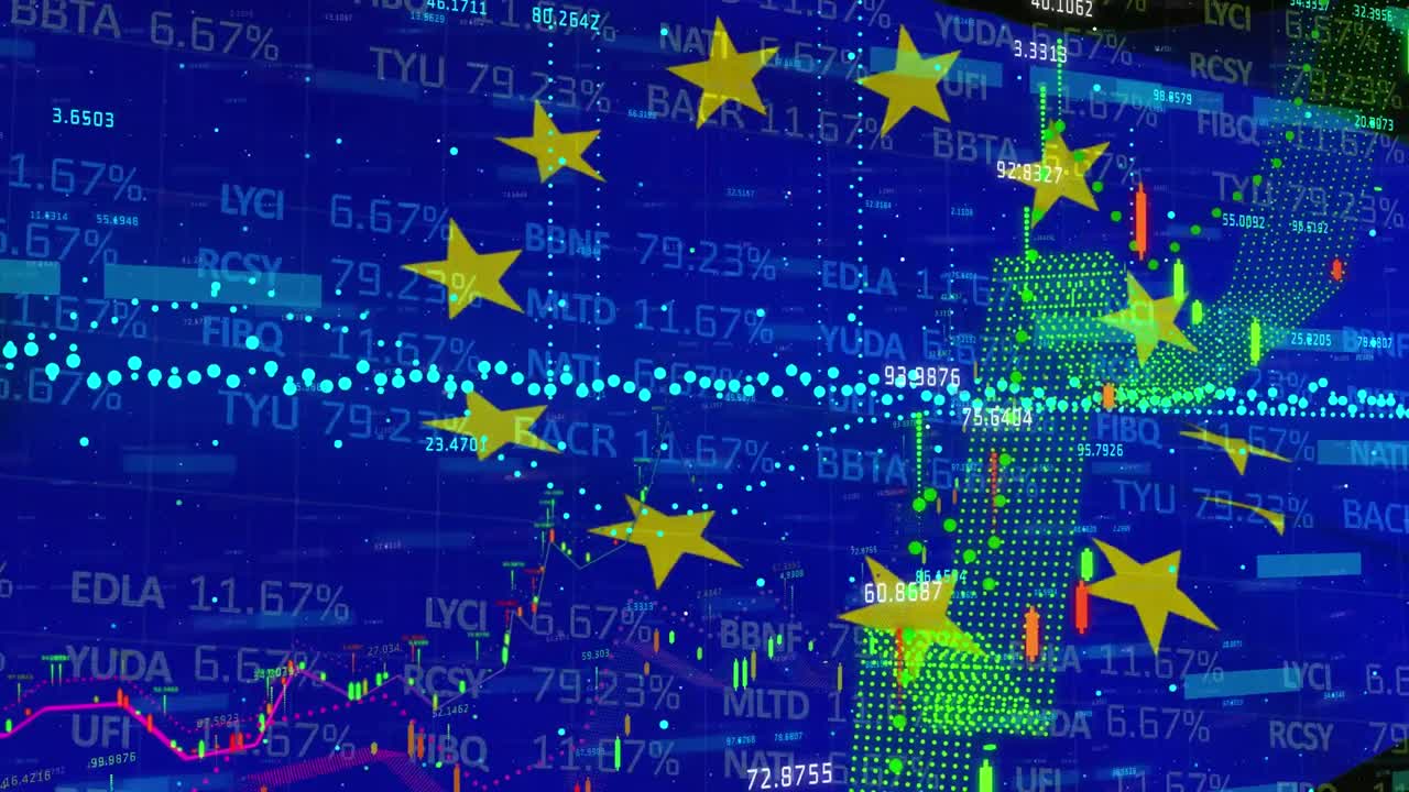animación del procesamiento de datos financieros sobre la bandera de la unión europea