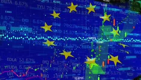 animation of financial data processing over flag of european union