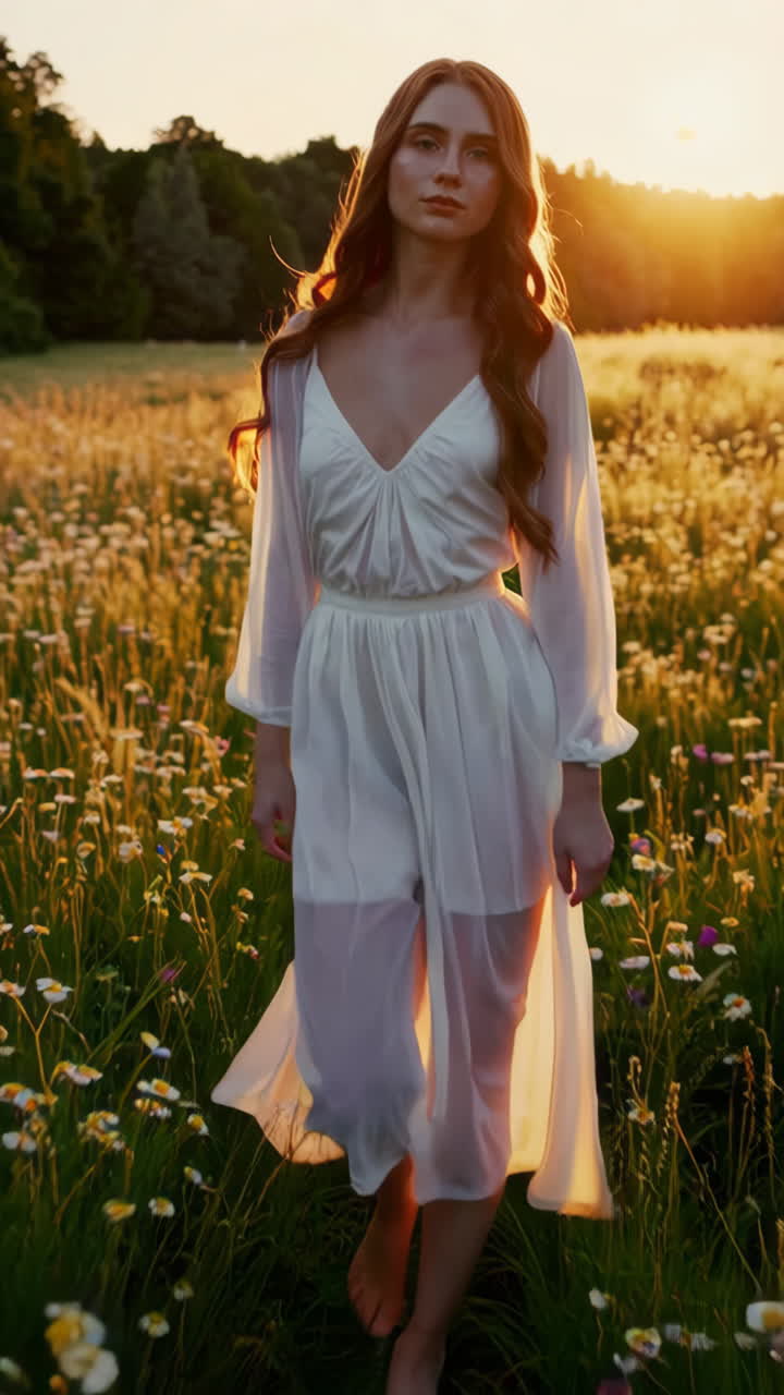 Woman in a white dress in a field at sunset