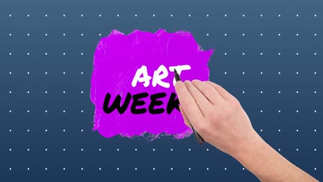 Animation-Einer-Hand-Mit-Stift,-Die-„Art-Week“-Auf-Grauem-Hintergrund-Mit-Punkten-Schreibt